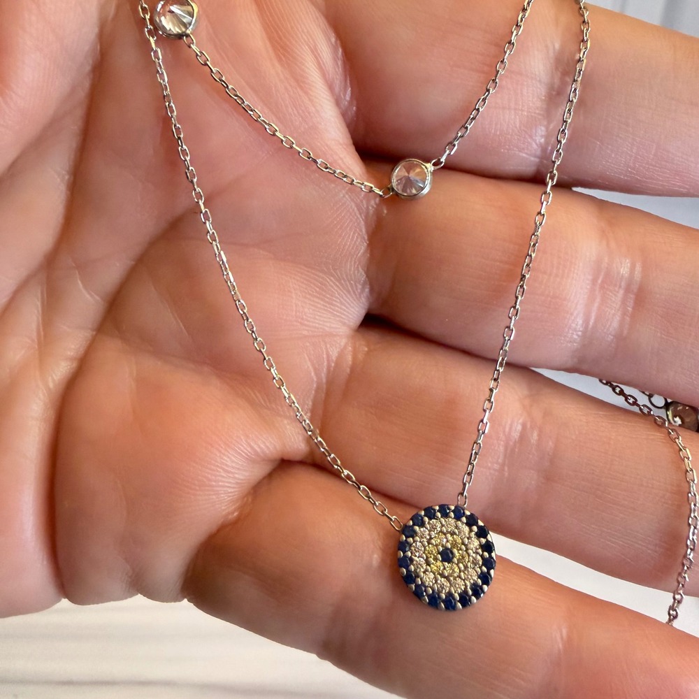 Lovely! Evil Eye Layered 925 Sterling Silver Necklace Blue Double Strand 16"